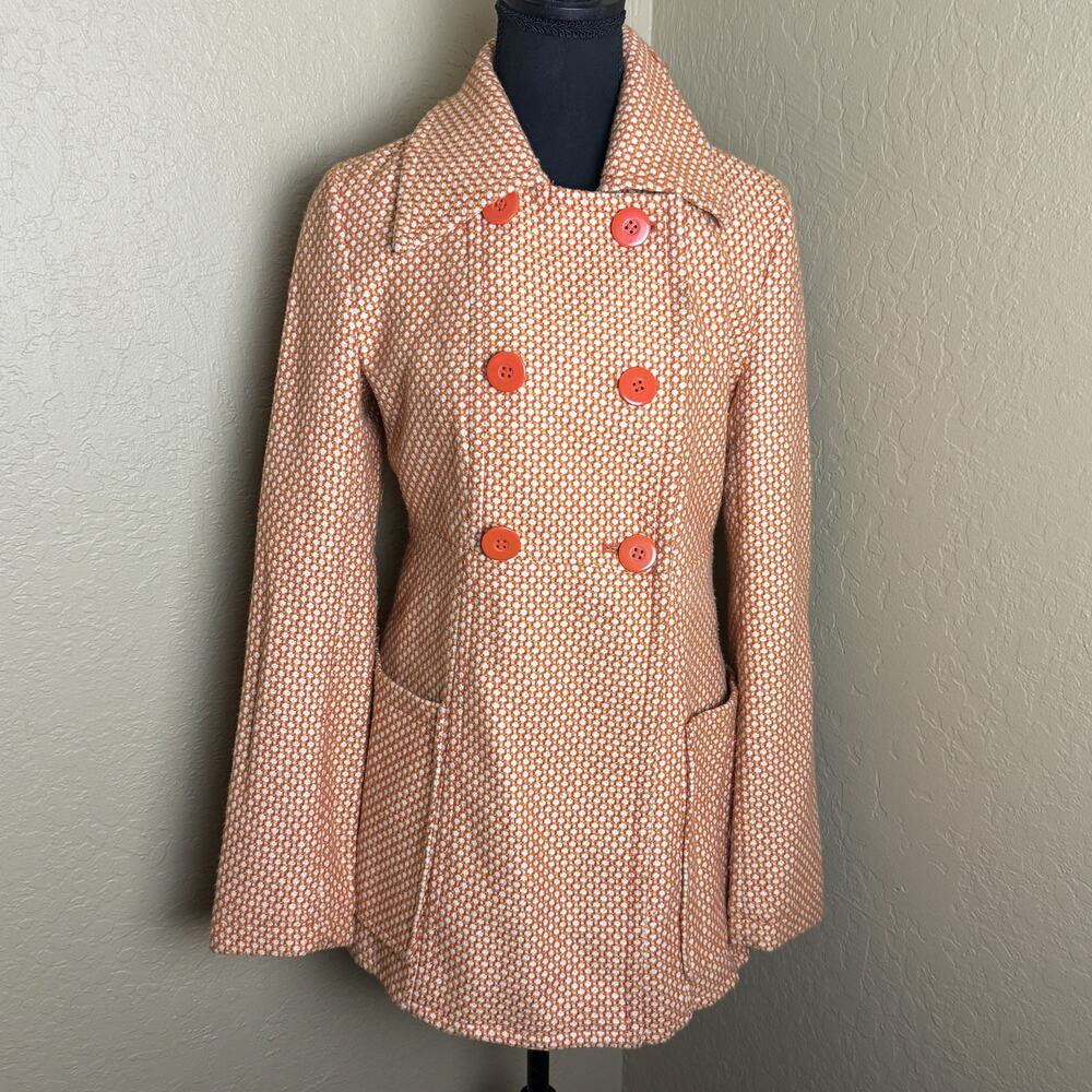 Tulle Womens Orange White Basketweave Wool Blend Double Breasted Pea Coat M